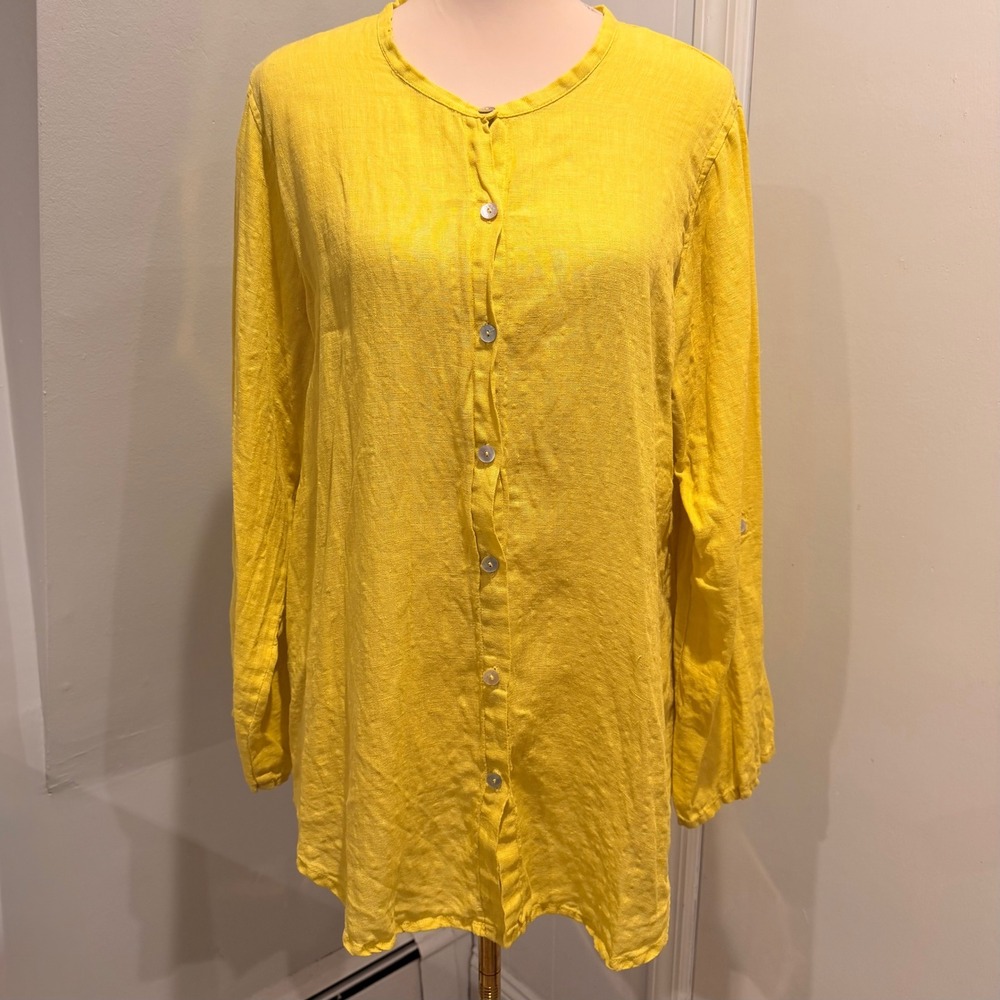 FLAX Yellow Linen Oversized Notched Collar Button Down Tunic Breathable | Size S